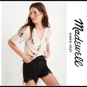 NWT Ruched Ivory Blue Floral Silk Top side zip